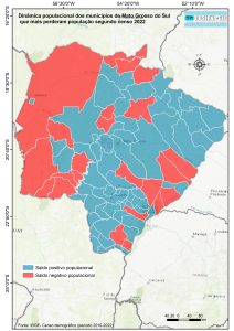 Mapa da Dinâmica populacional dos 10 municípios de Ms que mais perderam e mais ganharam população segundo censo 2022